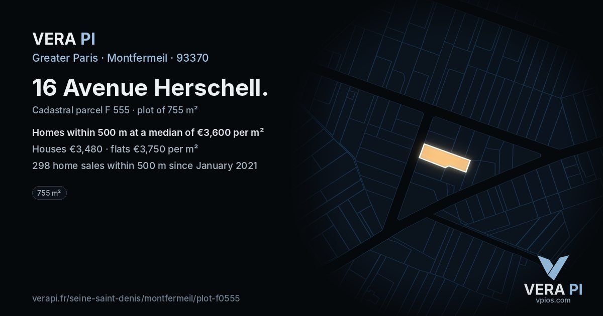16 Avenue Herschell, Montfermeil at night – the plot lit, the parcels around coloured by the prices near them