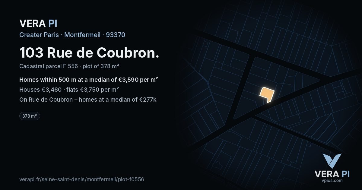 103 Rue de Coubron, Montfermeil at night – the plot lit, the parcels around coloured by the prices near them