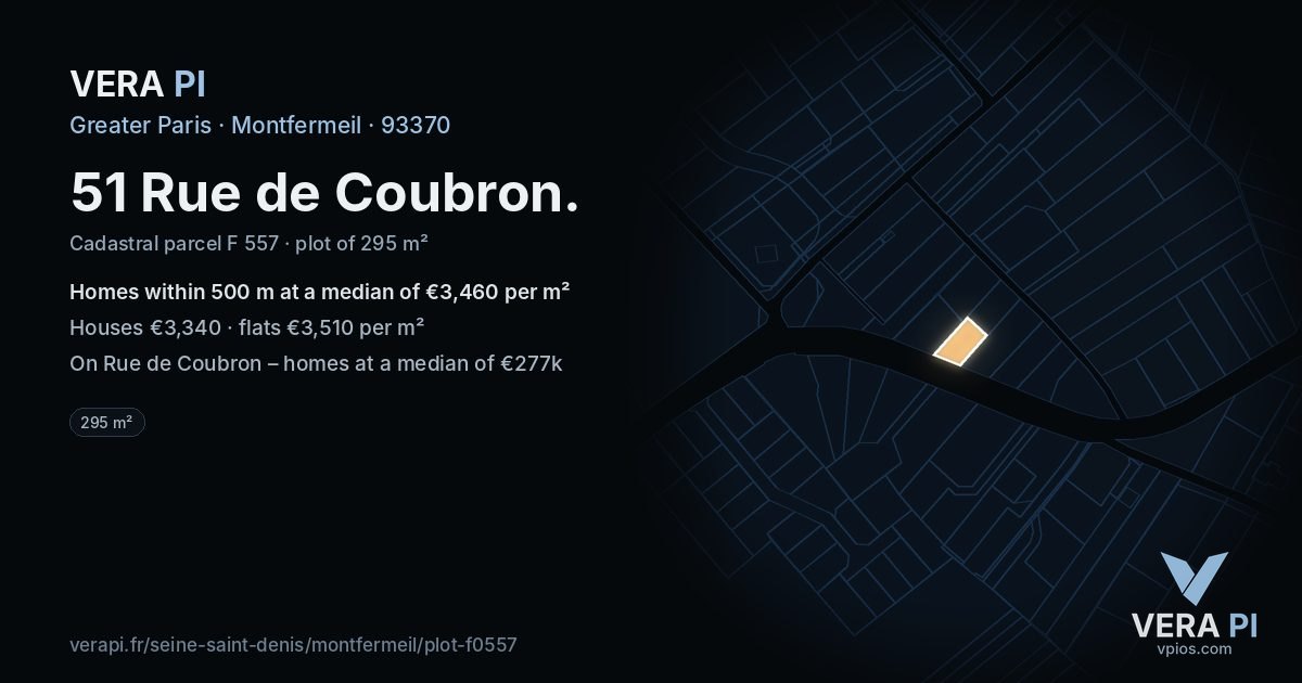 51 Rue de Coubron, Montfermeil at night – the plot lit, the parcels around coloured by the prices near them