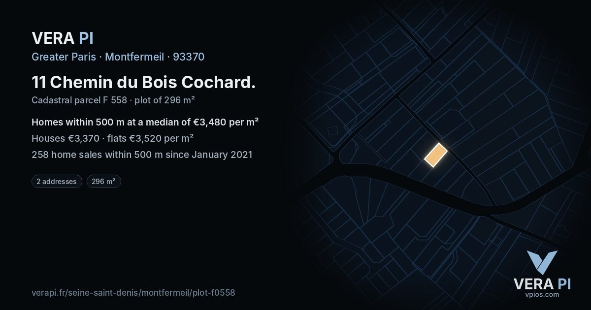 11 Chemin du Bois Cochard, Montfermeil at night – the plot lit, the parcels around coloured by the prices near them