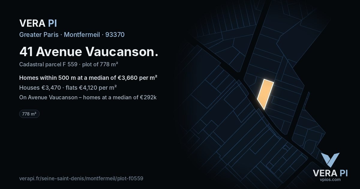 41 Avenue Vaucanson, Montfermeil at night – the plot lit, the parcels around coloured by the prices near them