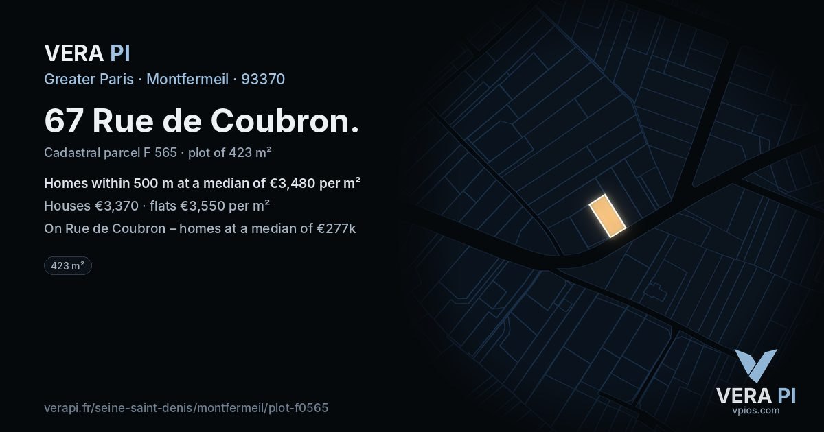 67 Rue de Coubron, Montfermeil at night – the plot lit, the parcels around coloured by the prices near them