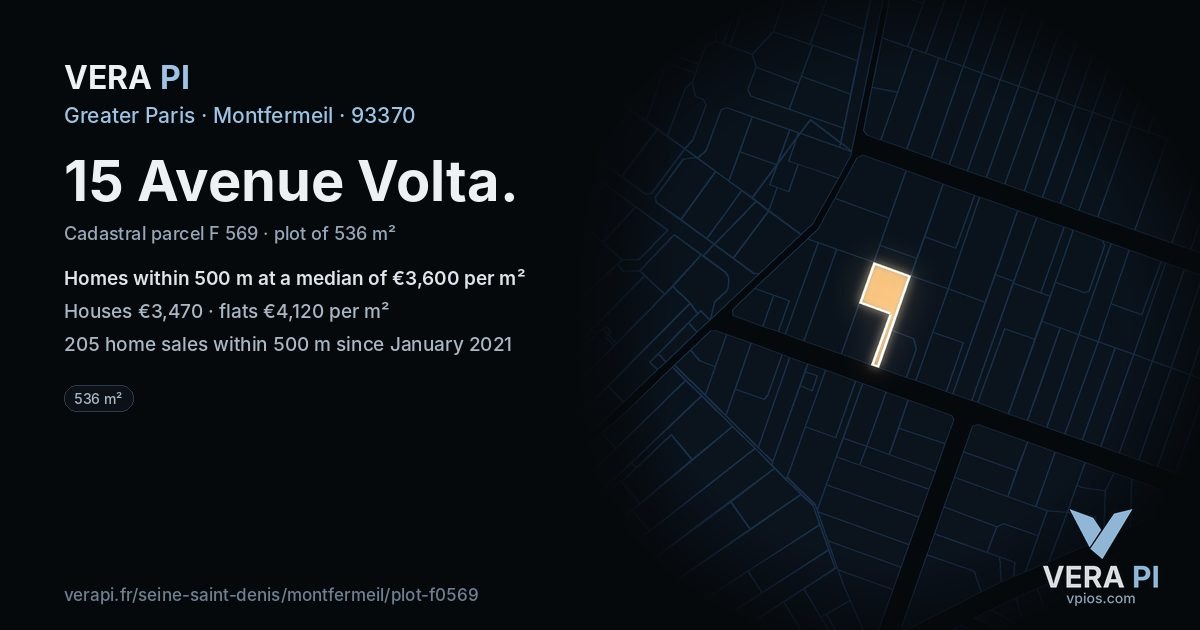 15 Avenue Volta, Montfermeil at night – the plot lit, the parcels around coloured by the prices near them