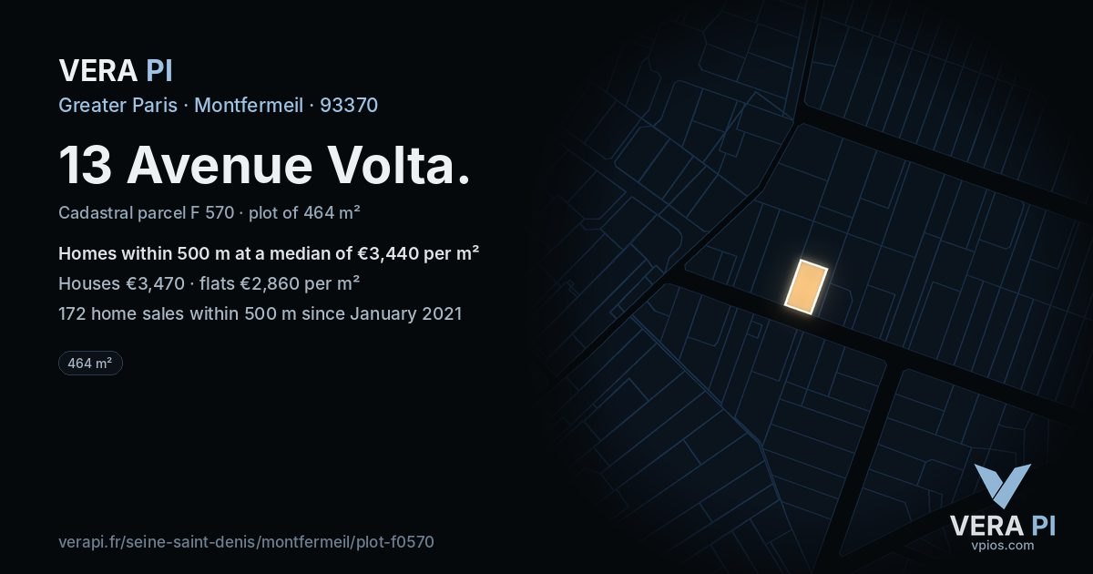 13 Avenue Volta, Montfermeil at night – the plot lit, the parcels around coloured by the prices near them