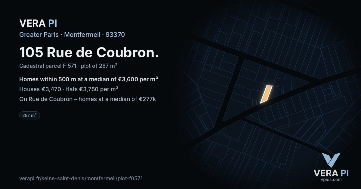 105 Rue de Coubron, Montfermeil at night – the plot lit, the parcels around coloured by the prices near them
