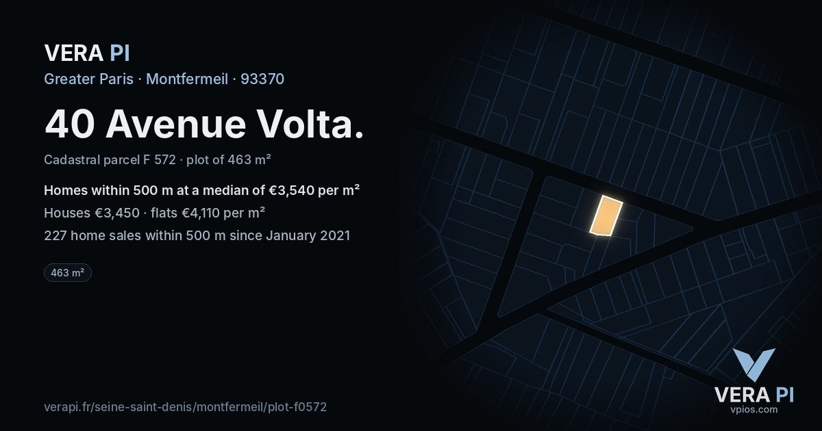 40 Avenue Volta, Montfermeil at night – the plot lit, the parcels around coloured by the prices near them