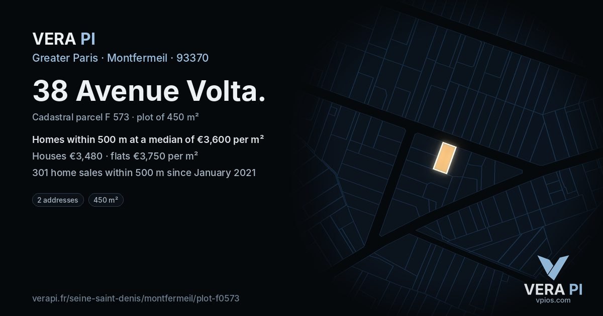 38 Avenue Volta, Montfermeil at night – the plot lit, the parcels around coloured by the prices near them