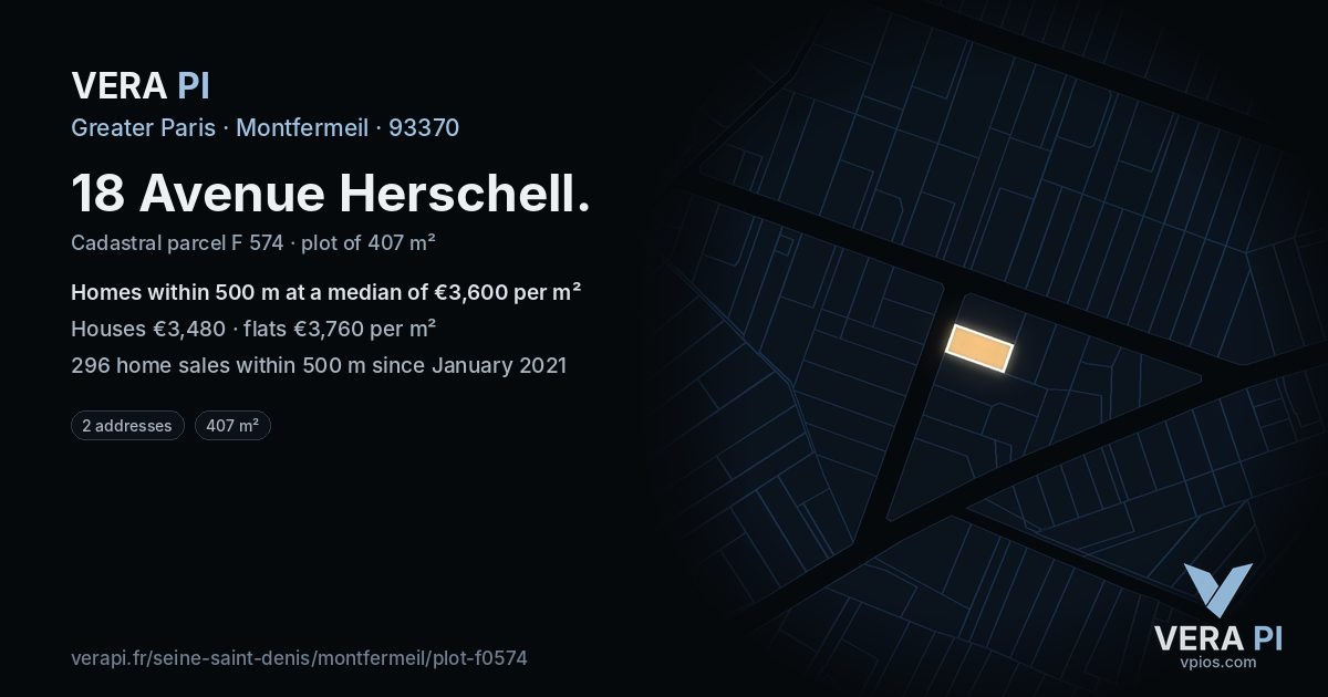 18 Avenue Herschell, Montfermeil at night – the plot lit, the parcels around coloured by the prices near them