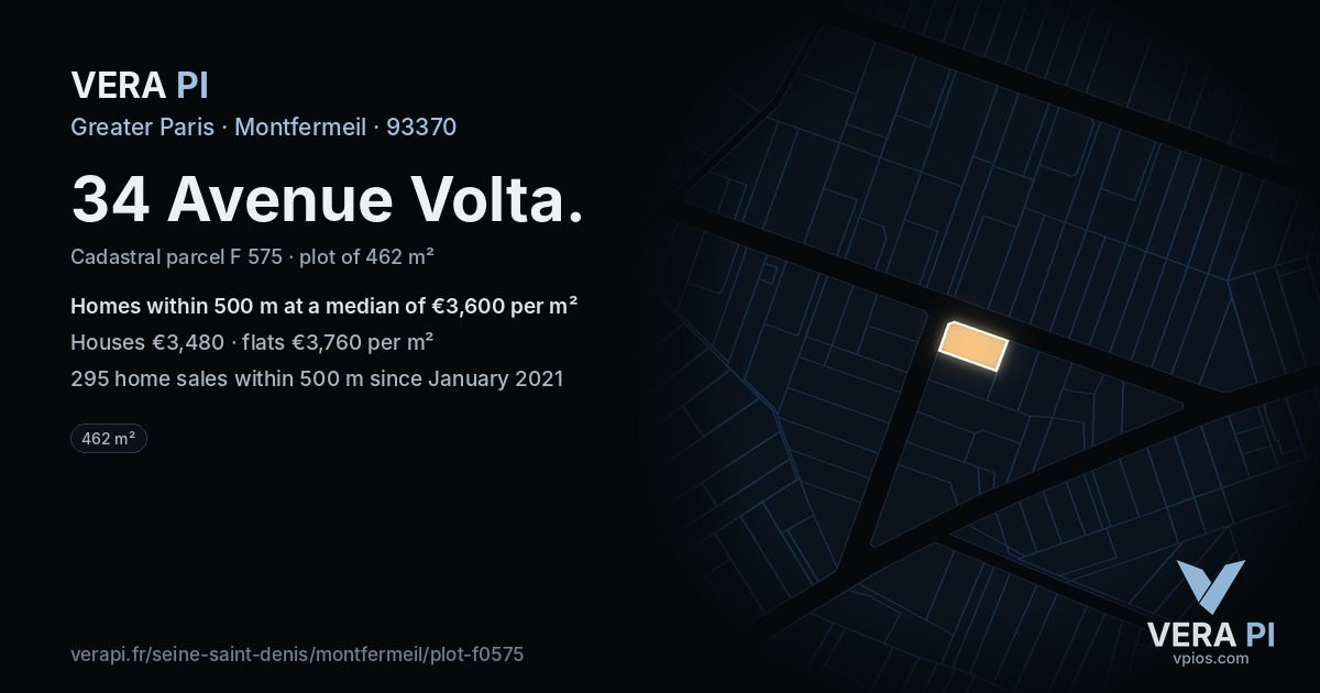 34 Avenue Volta, Montfermeil at night – the plot lit, the parcels around coloured by the prices near them