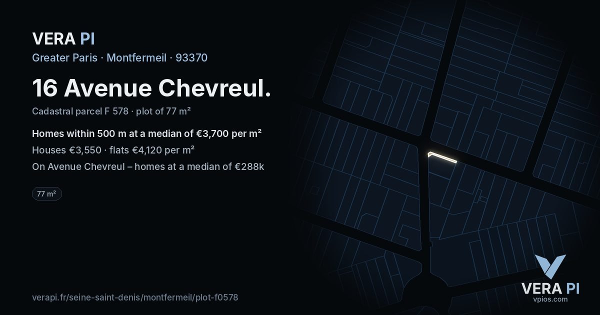 16 Avenue Chevreul, Montfermeil at night – the plot lit, the parcels around coloured by the prices near them