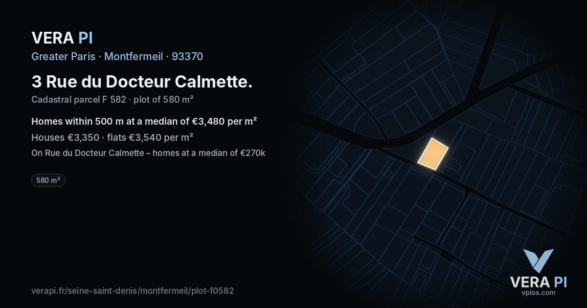 3 Rue du Docteur Calmette, Montfermeil at night – the plot lit, the parcels around coloured by the prices near them