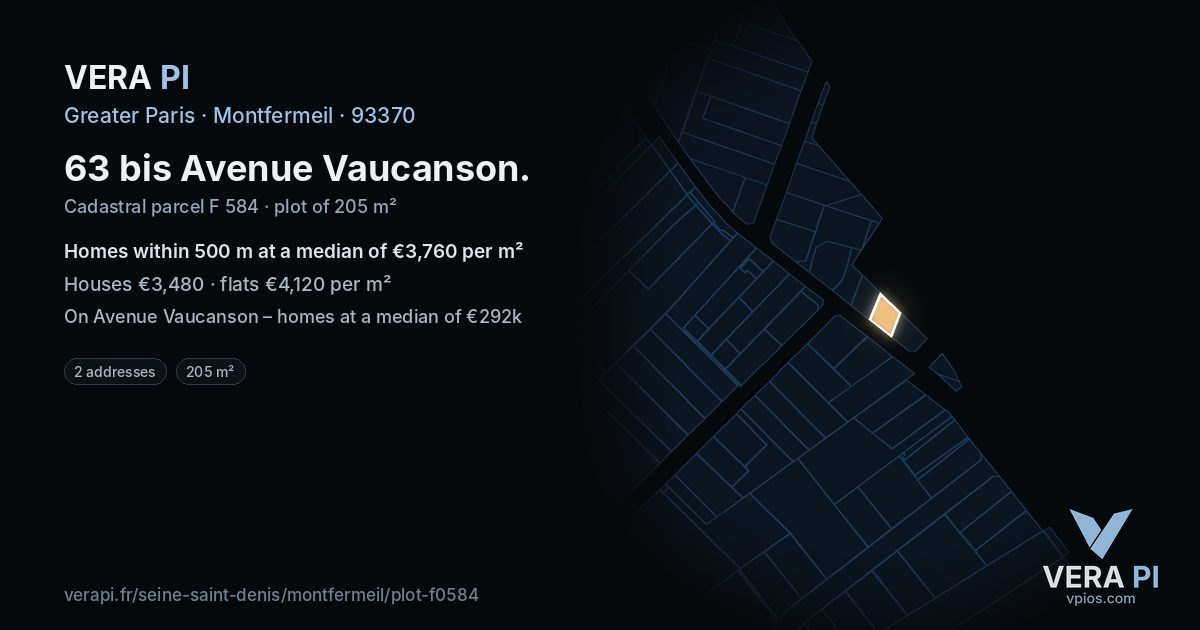 63 bis Avenue Vaucanson, Montfermeil at night – the plot lit, the parcels around coloured by the prices near them