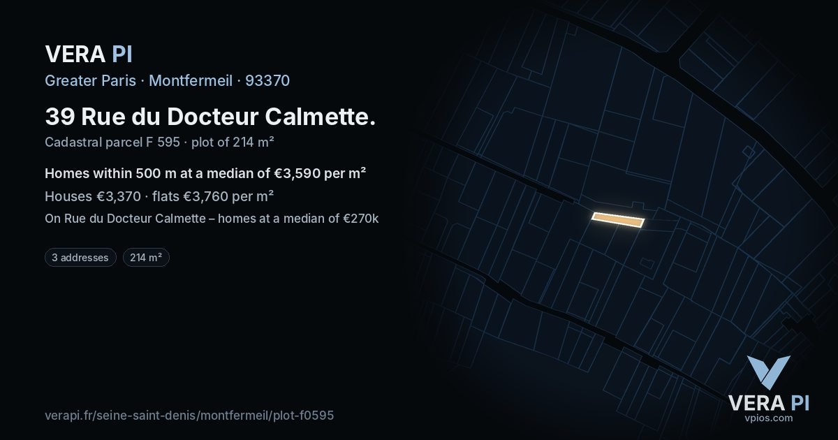 39 Rue du Docteur Calmette, Montfermeil at night – the plot lit, the parcels around coloured by the prices near them