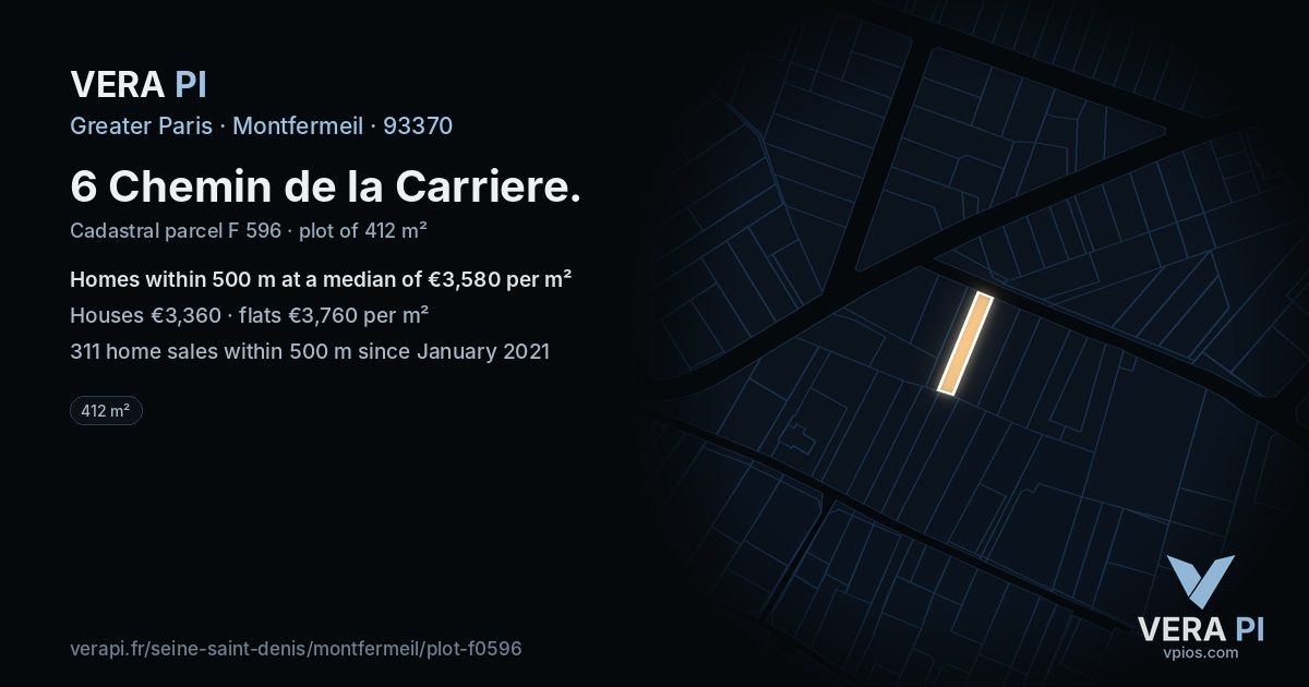 6 Chemin de la Carriere, Montfermeil at night – the plot lit, the parcels around coloured by the prices near them