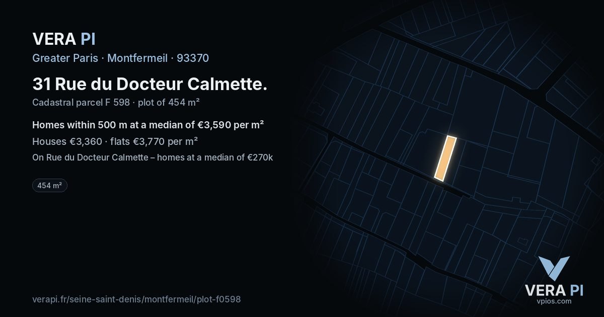 31 Rue du Docteur Calmette, Montfermeil at night – the plot lit, the parcels around coloured by the prices near them