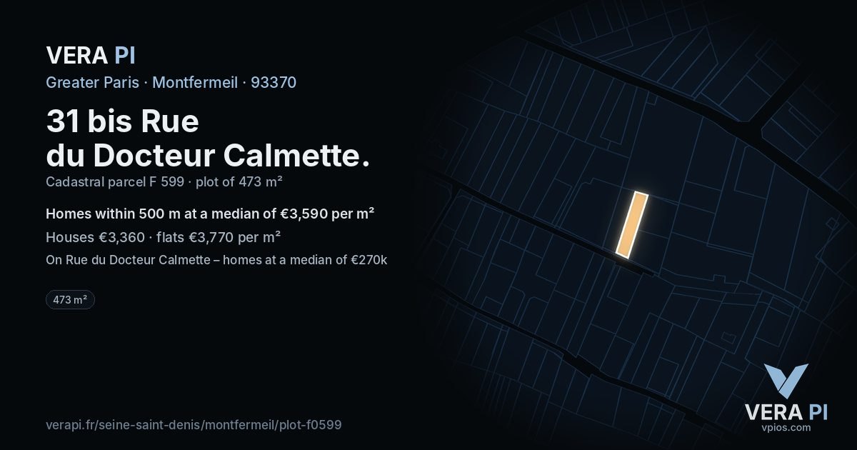 31 bis Rue du Docteur Calmette, Montfermeil at night – the plot lit, the parcels around coloured by the prices near them