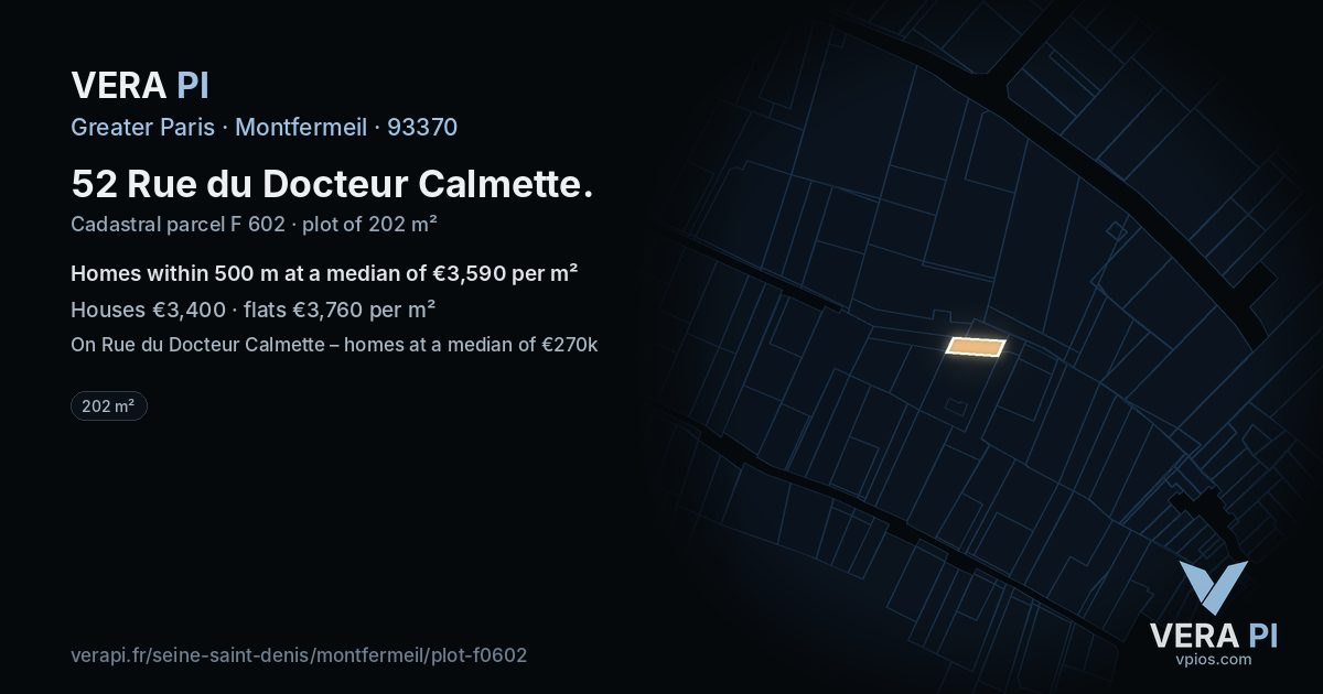 52 Rue du Docteur Calmette, Montfermeil at night – the plot lit, the parcels around coloured by the prices near them