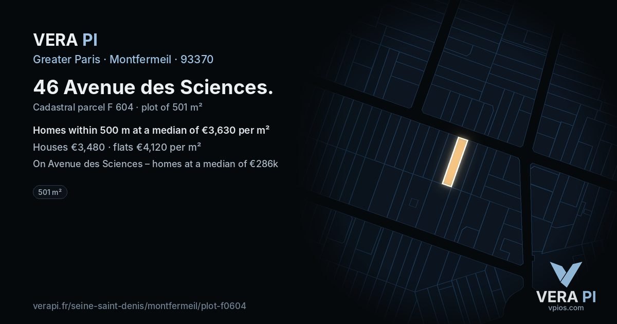 46 Avenue des Sciences, Montfermeil at night – the plot lit, the parcels around coloured by the prices near them