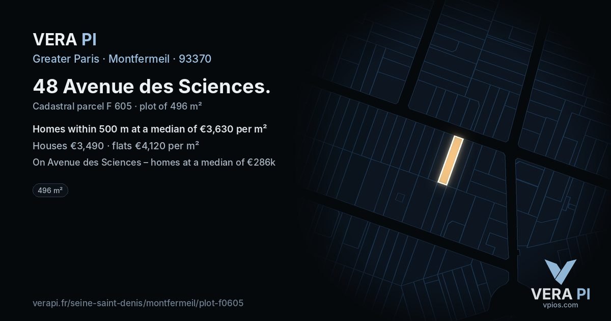 48 Avenue des Sciences, Montfermeil at night – the plot lit, the parcels around coloured by the prices near them