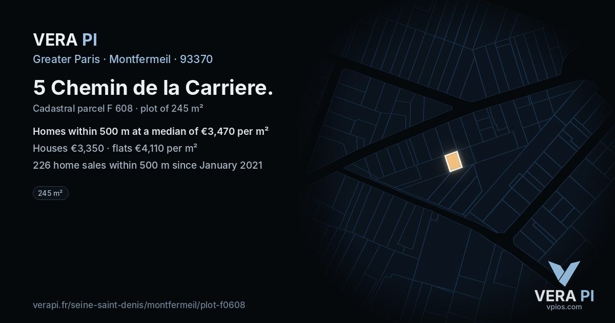 5 Chemin de la Carriere, Montfermeil at night – the plot lit, the parcels around coloured by the prices near them
