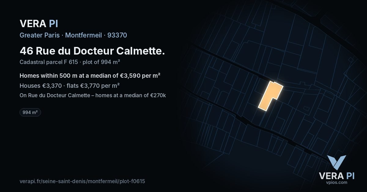 46 Rue du Docteur Calmette, Montfermeil at night – the plot lit, the parcels around coloured by the prices near them