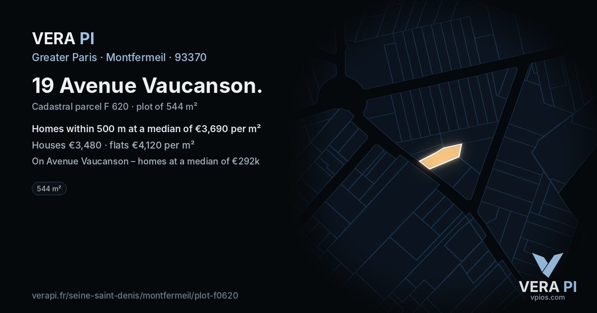 19 Avenue Vaucanson, Montfermeil at night – the plot lit, the parcels around coloured by the prices near them