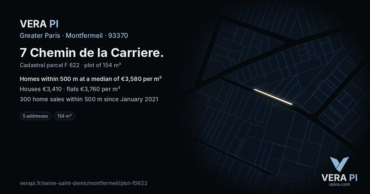 7 Chemin de la Carriere, Montfermeil at night – the plot lit, the parcels around coloured by the prices near them