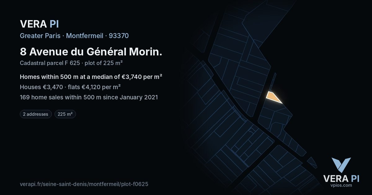 8 Avenue du Général Morin, Montfermeil at night – the plot lit, the parcels around coloured by the prices near them