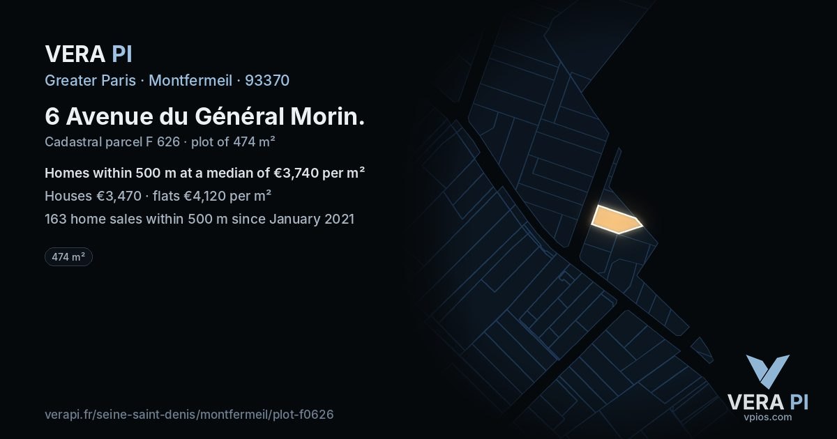 6 Avenue du Général Morin, Montfermeil at night – the plot lit, the parcels around coloured by the prices near them