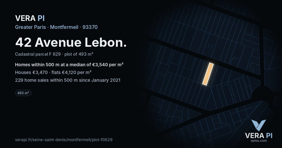42 Avenue Lebon, Montfermeil at night – the plot lit, the parcels around coloured by the prices near them