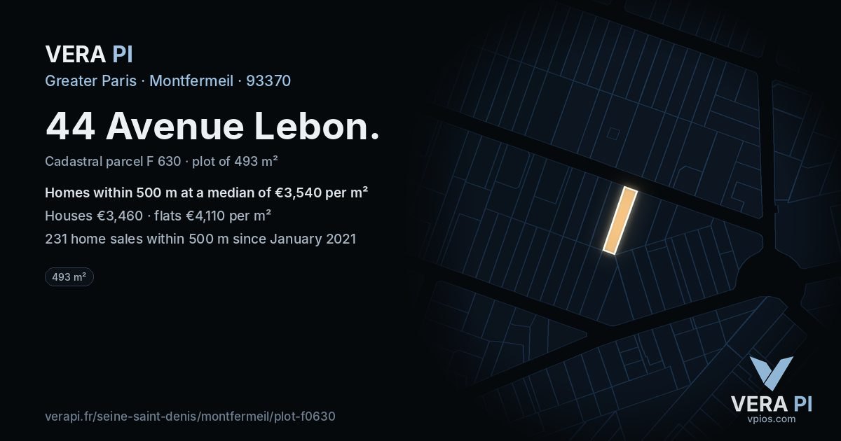 44 Avenue Lebon, Montfermeil at night – the plot lit, the parcels around coloured by the prices near them