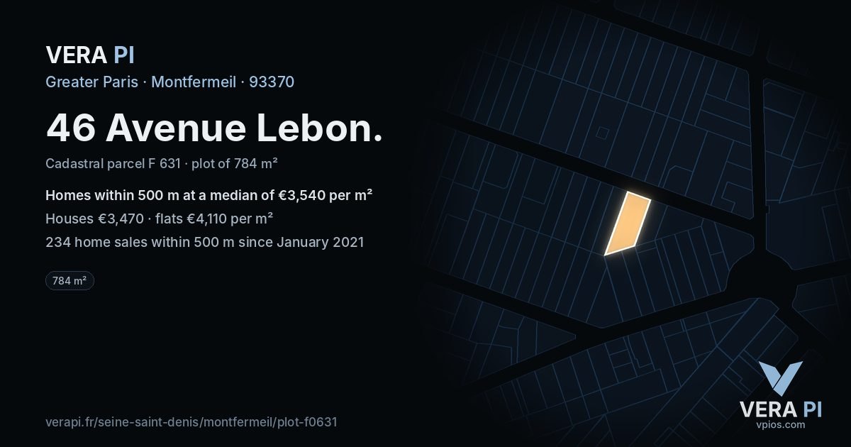 46 Avenue Lebon, Montfermeil at night – the plot lit, the parcels around coloured by the prices near them