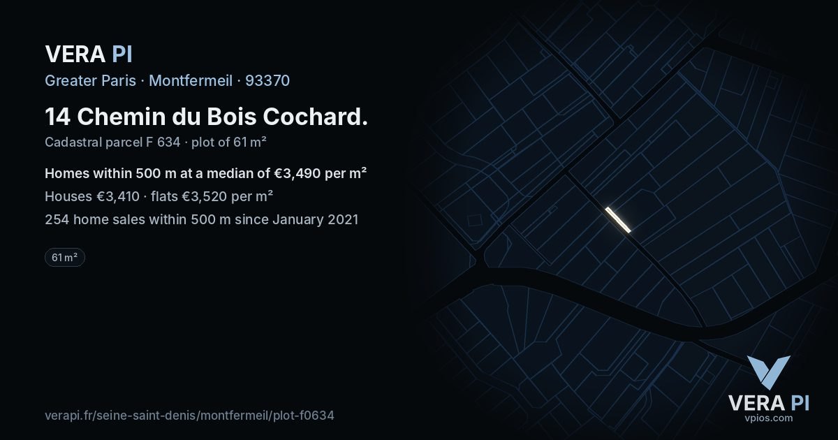 14 Chemin du Bois Cochard, Montfermeil at night – the plot lit, the parcels around coloured by the prices near them