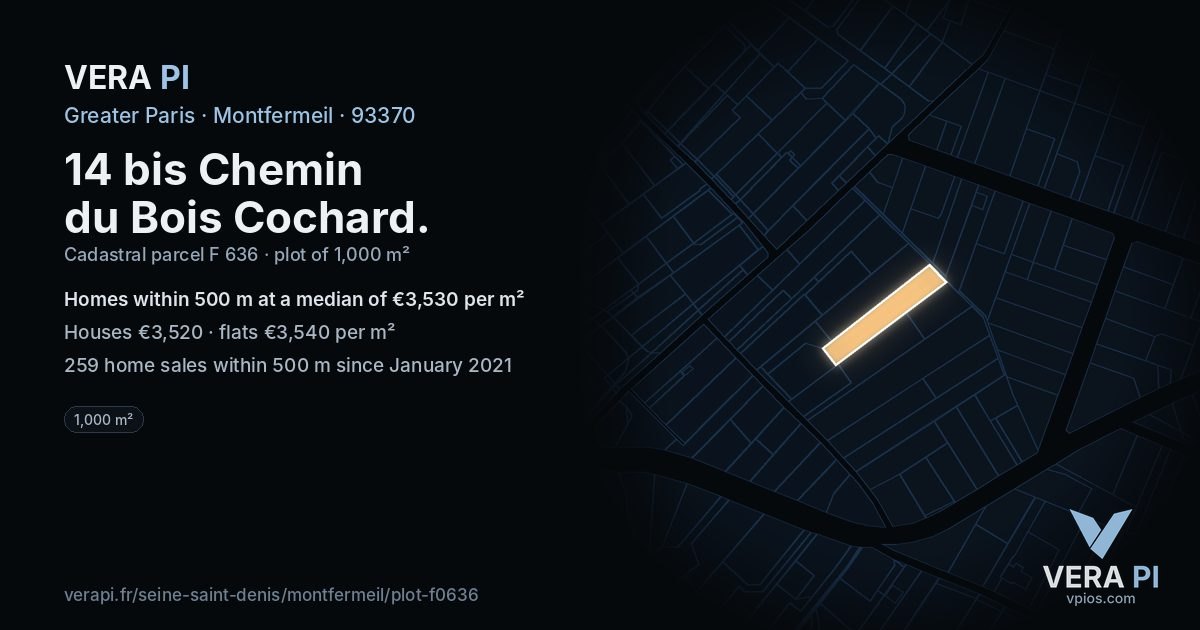 14 bis Chemin du Bois Cochard, Montfermeil at night – the plot lit, the parcels around coloured by the prices near them