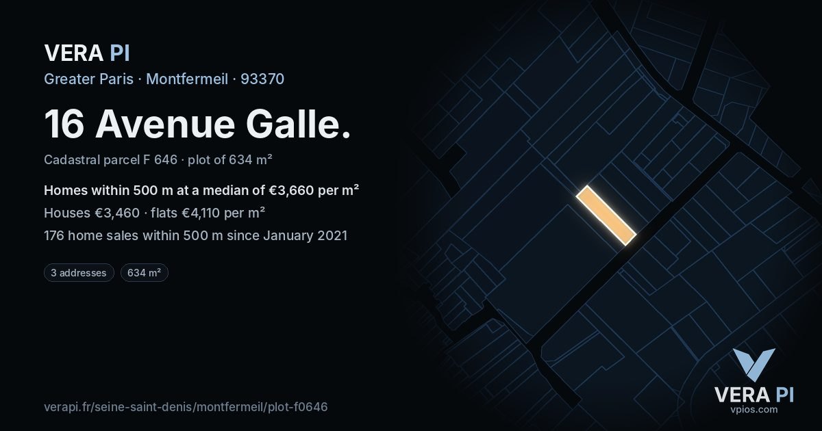 16 Avenue Galle, Montfermeil at night – the plot lit, the parcels around coloured by the prices near them