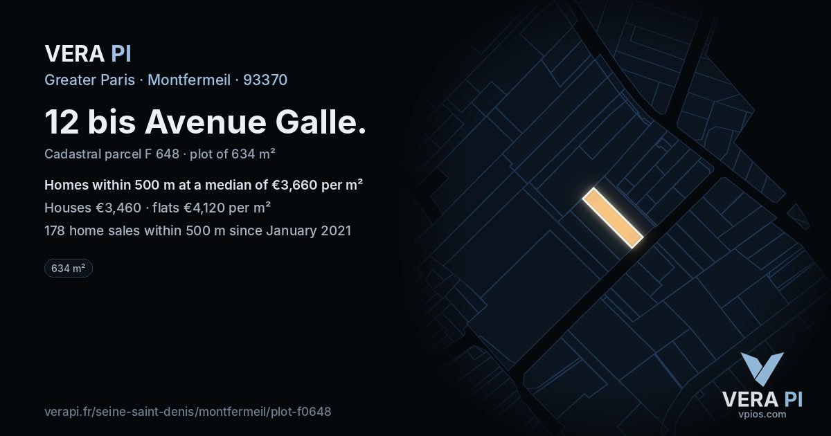 12 bis Avenue Galle, Montfermeil at night – the plot lit, the parcels around coloured by the prices near them