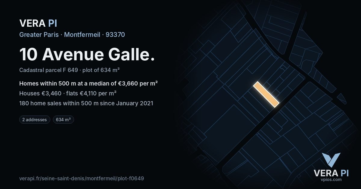 10 Avenue Galle, Montfermeil at night – the plot lit, the parcels around coloured by the prices near them