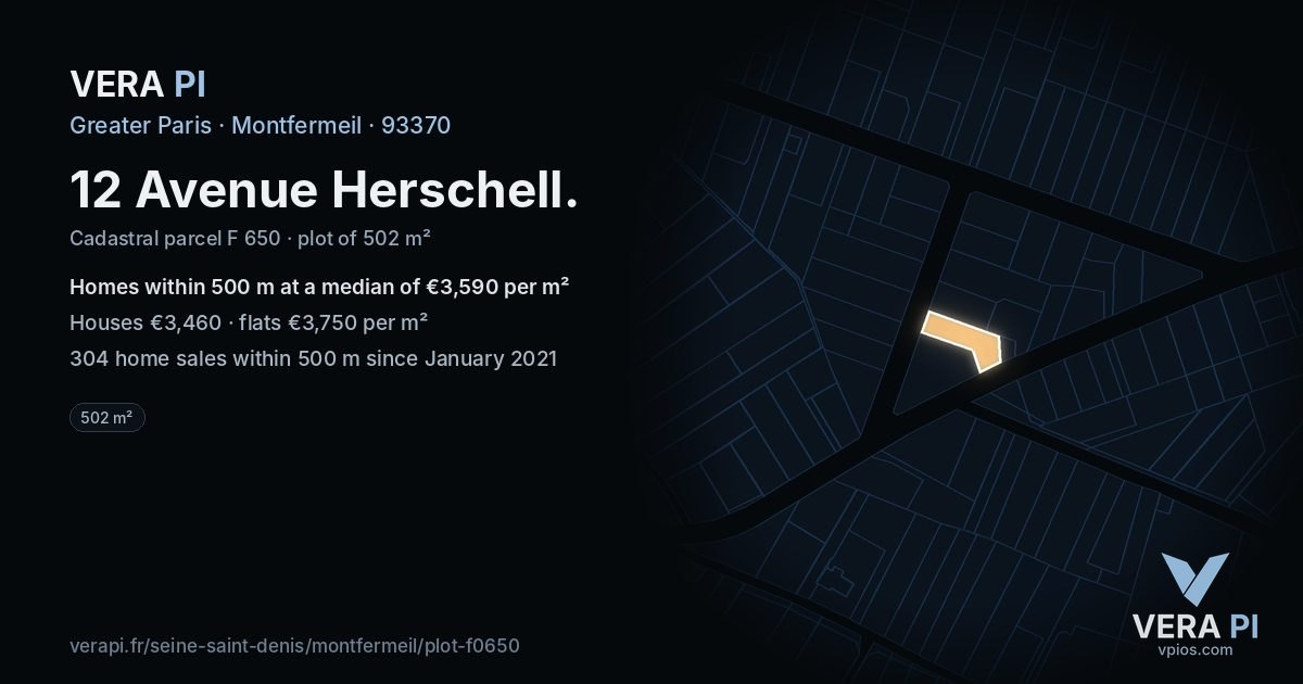 12 Avenue Herschell, Montfermeil at night – the plot lit, the parcels around coloured by the prices near them