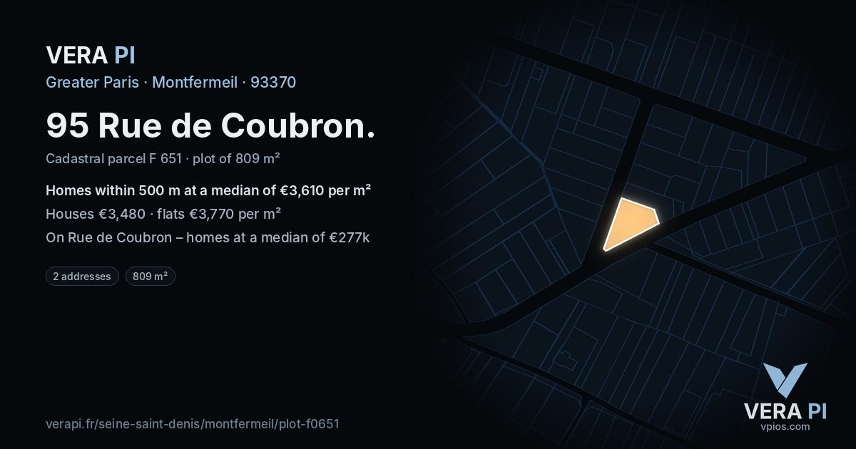 95 Rue de Coubron, Montfermeil at night – the plot lit, the parcels around coloured by the prices near them