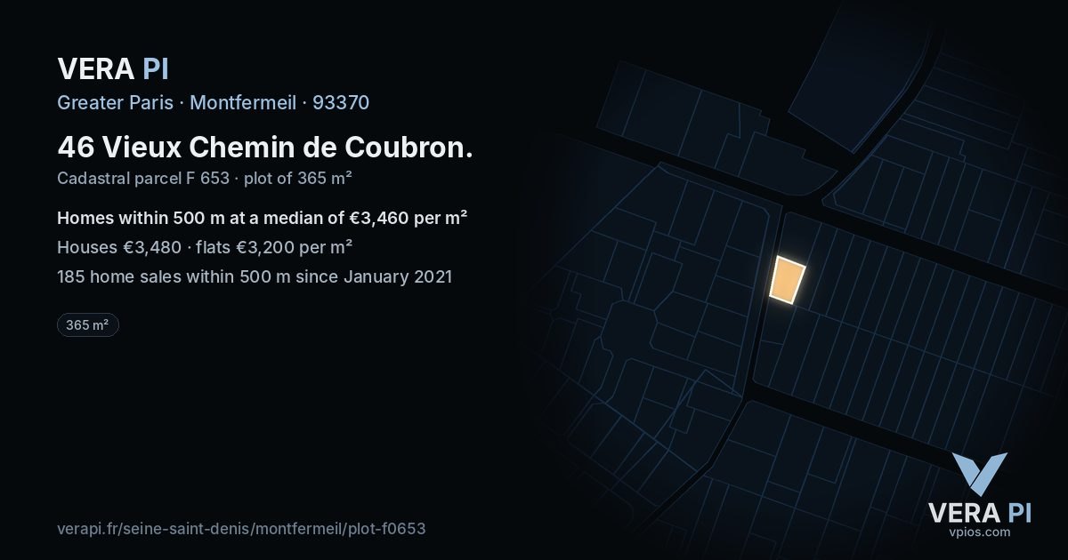 46 Vieux Chemin de Coubron, Montfermeil at night – the plot lit, the parcels around coloured by the prices near them