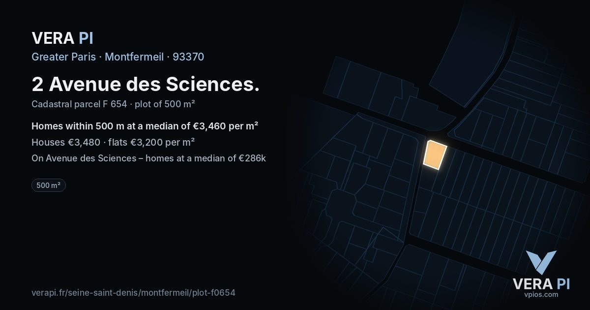 2 Avenue des Sciences, Montfermeil at night – the plot lit, the parcels around coloured by the prices near them