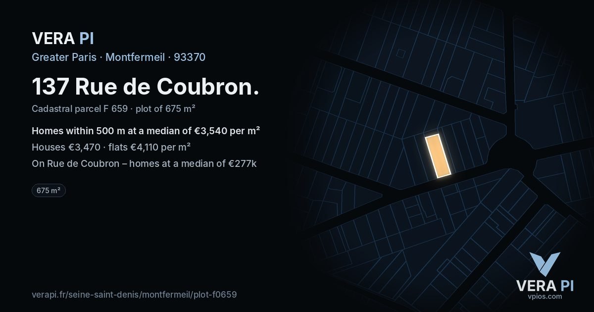 137 Rue de Coubron, Montfermeil at night – the plot lit, the parcels around coloured by the prices near them