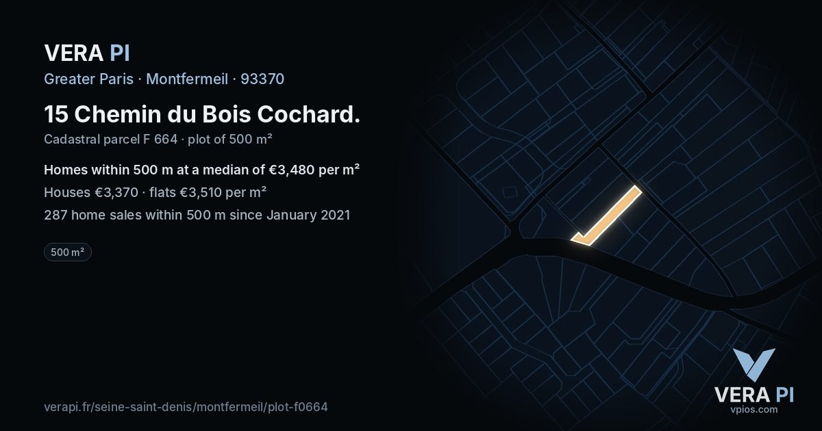 15 Chemin du Bois Cochard, Montfermeil at night – the plot lit, the parcels around coloured by the prices near them