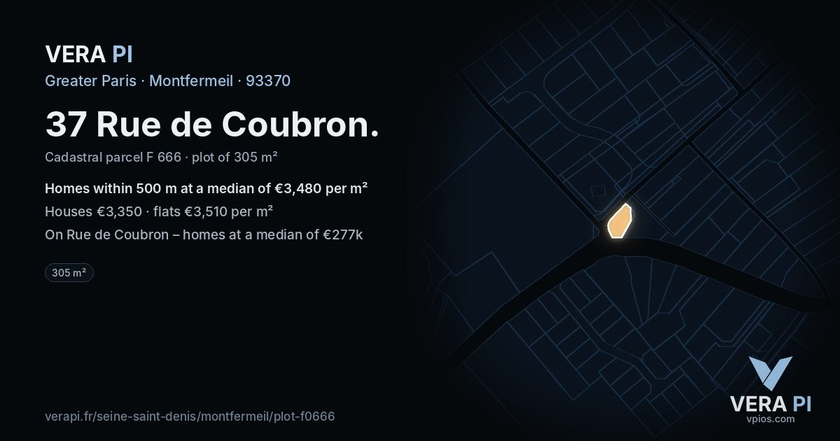 37 Rue de Coubron, Montfermeil at night – the plot lit, the parcels around coloured by the prices near them
