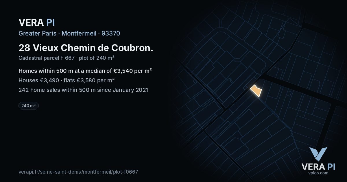 28 Vieux Chemin de Coubron, Montfermeil at night – the plot lit, the parcels around coloured by the prices near them