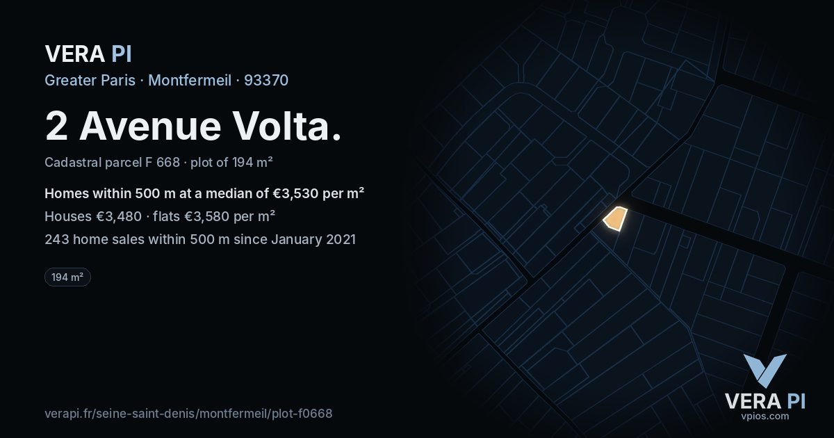 2 Avenue Volta, Montfermeil at night – the plot lit, the parcels around coloured by the prices near them