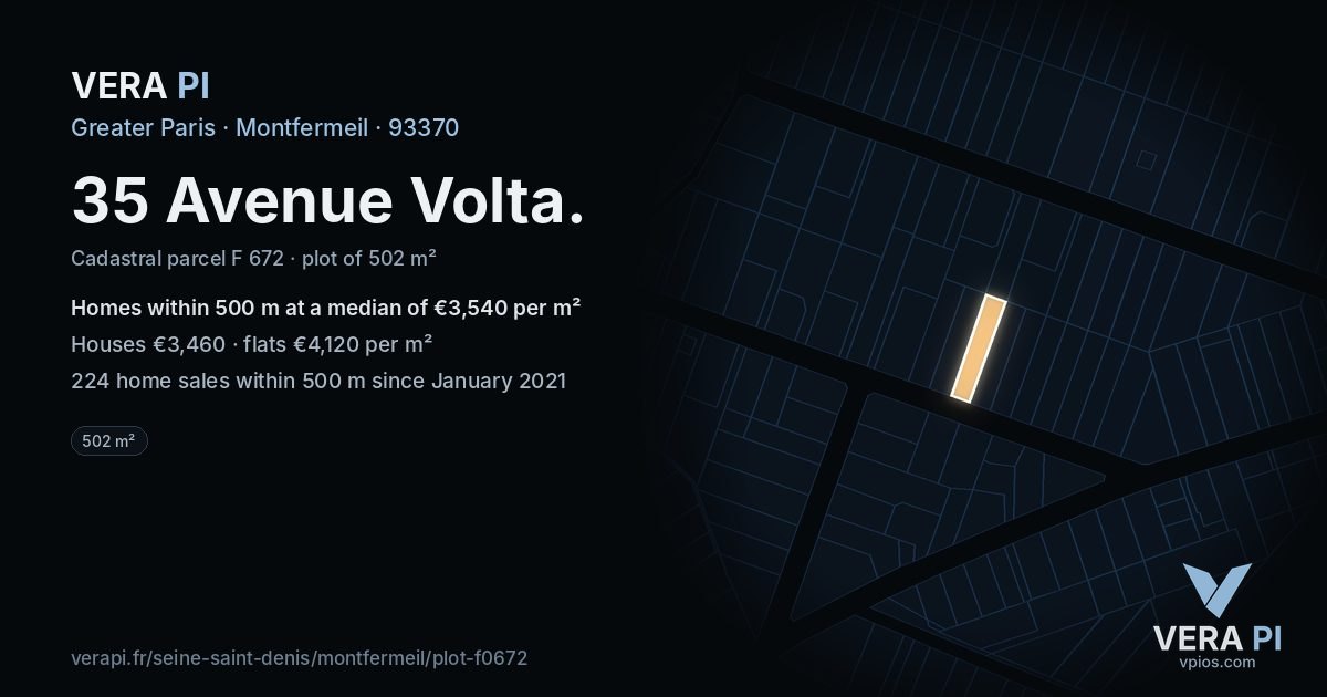35 Avenue Volta, Montfermeil at night – the plot lit, the parcels around coloured by the prices near them