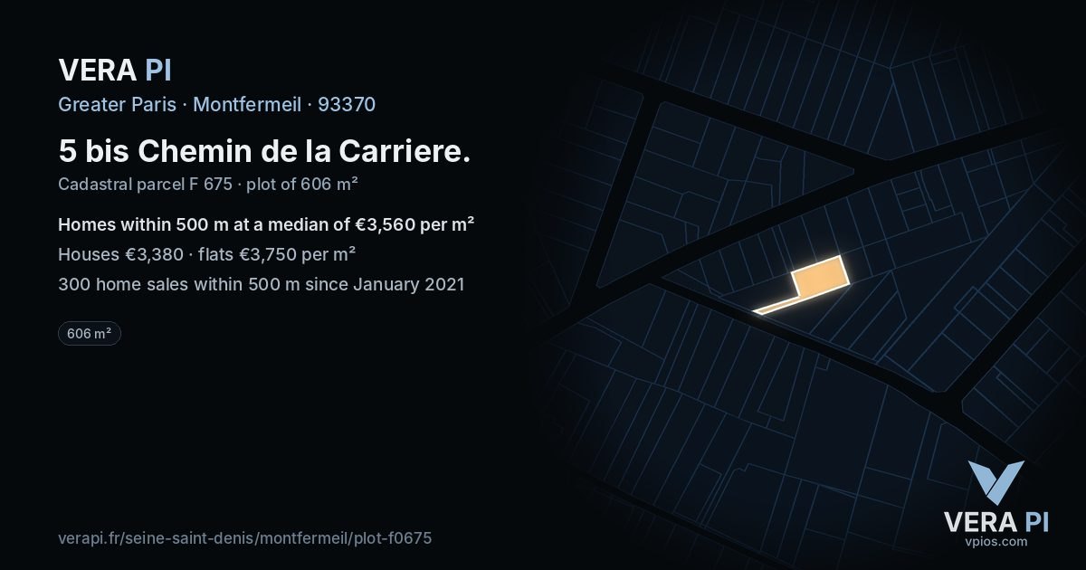 5 bis Chemin de la Carriere, Montfermeil at night – the plot lit, the parcels around coloured by the prices near them