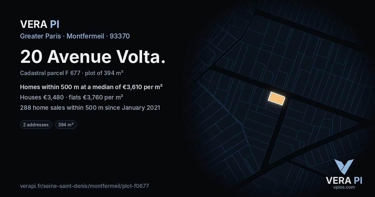 20 Avenue Volta, Montfermeil at night – the plot lit, the parcels around coloured by the prices near them