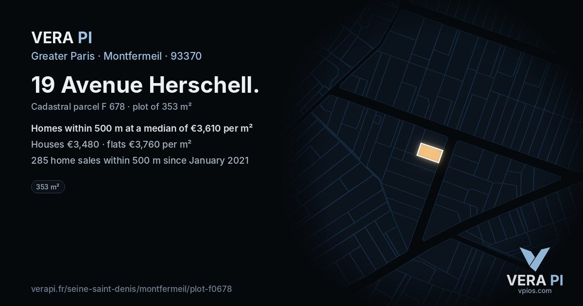 19 Avenue Herschell, Montfermeil at night – the plot lit, the parcels around coloured by the prices near them